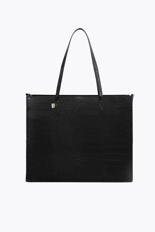 Black Croc-Texture Large Work Tote Bag 1