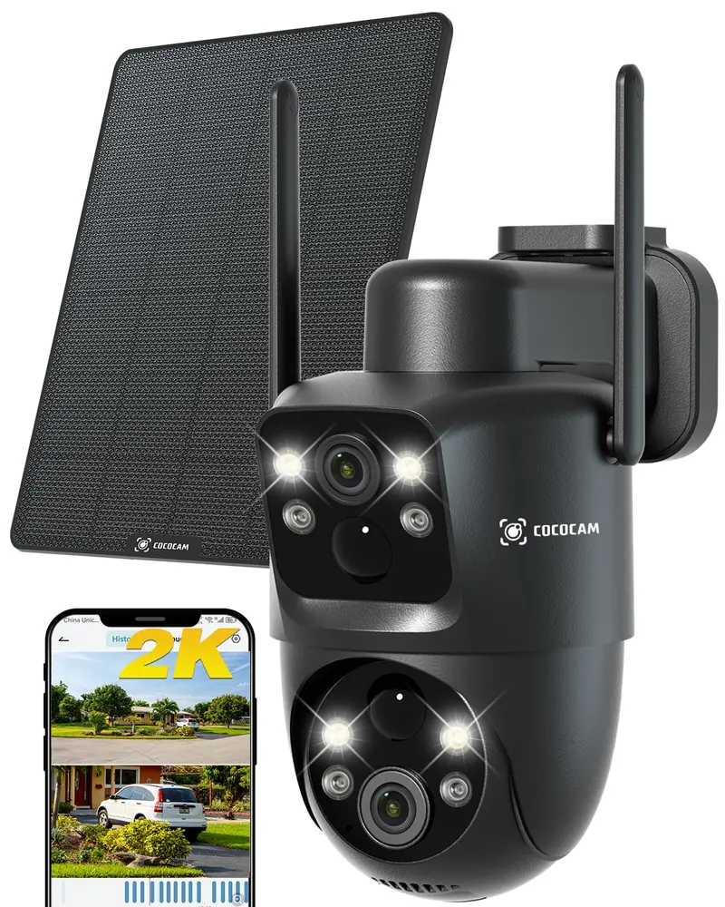 Cococam Dual-Lens 2K Solar Outdoor Camera – 10000Mah Battery, 6W Solar Panel, Dual Pir Sensors & Ai Human Detection 1