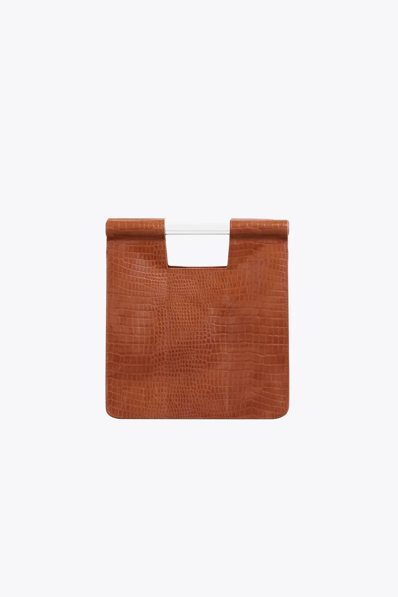 Cognac Crocodile-Texture Crossbody Bag 1