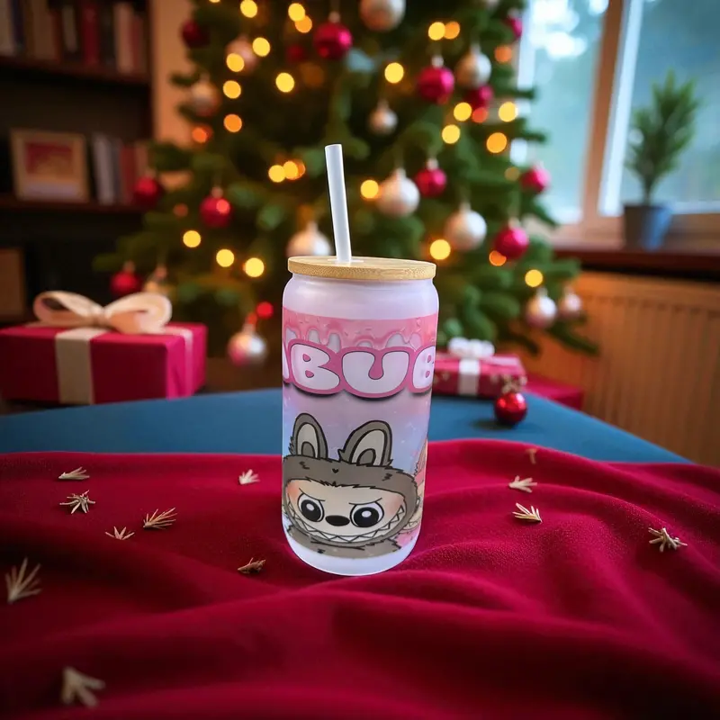 Labubu-Inspired Frosted Can Tumbler – Cute Character Cup With Bamboo Lid & Reusable Straw 1