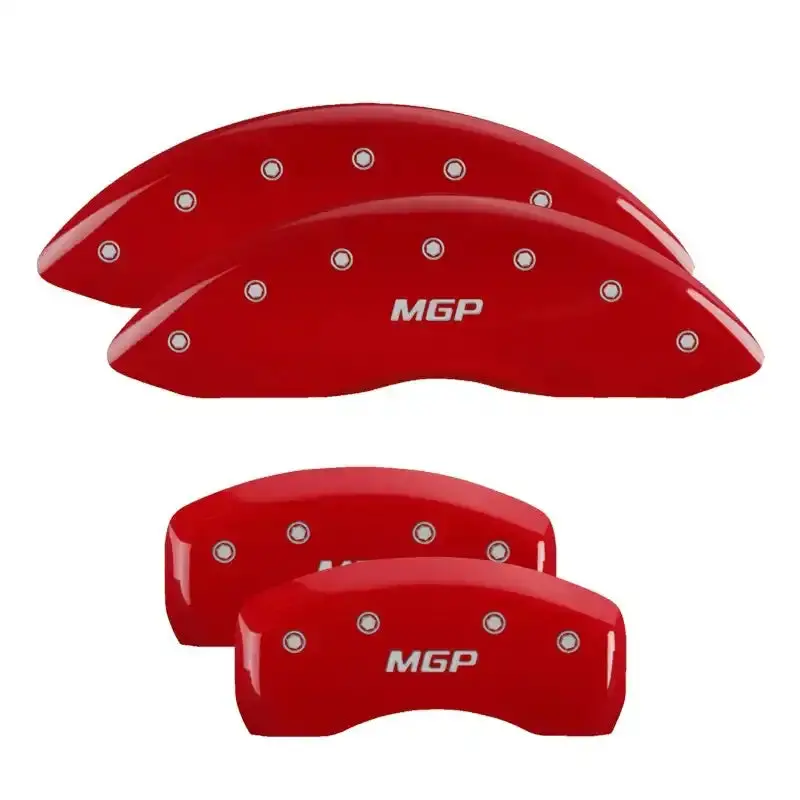 Mgp Engraved 4-Piston Caliper Covers – Front And Rear Set With Red Finish And Silver Chrome Accents 1